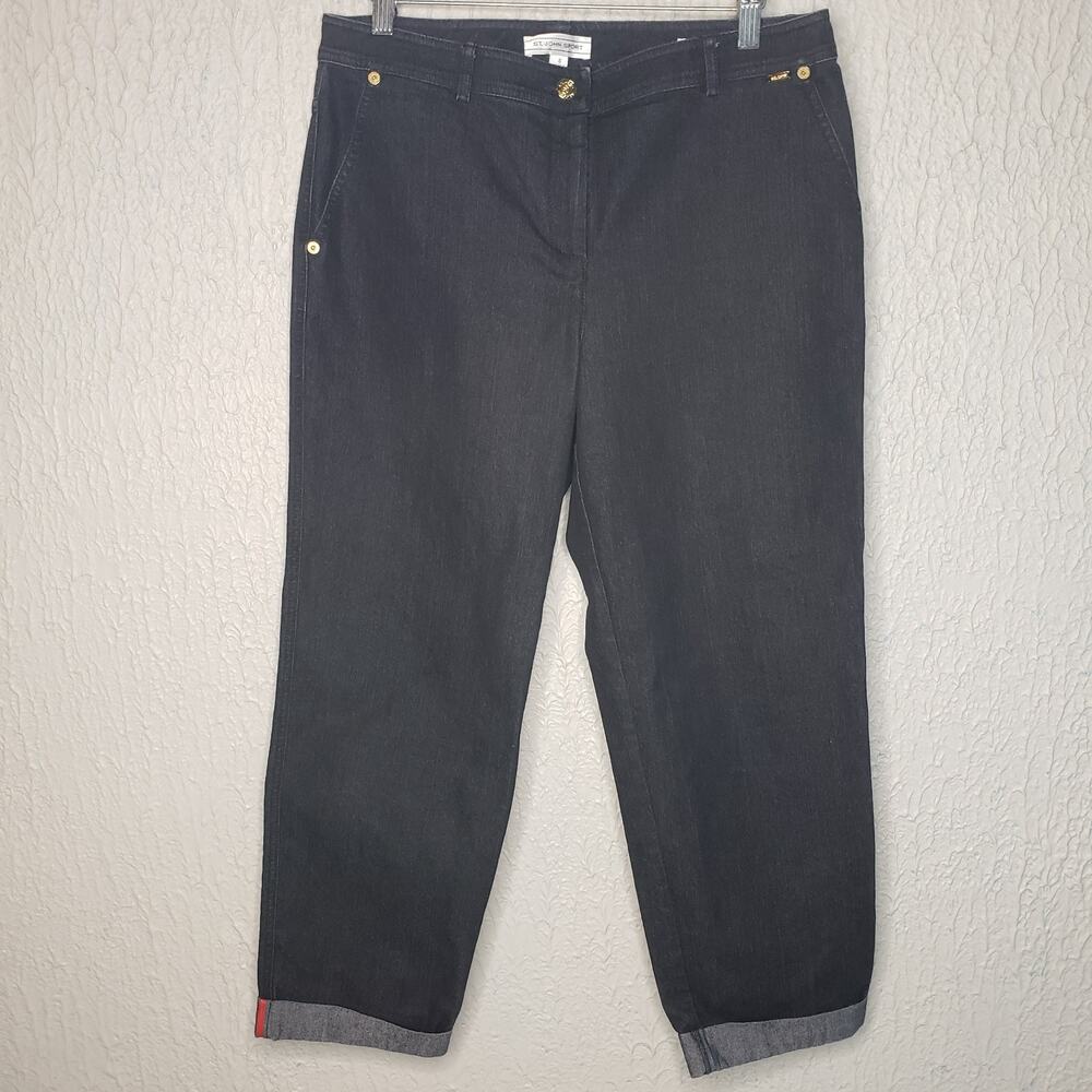 St. John Sport Womens Navy Blue Straight Leg Pants Size 8 Cuff Cropp Red Stripe